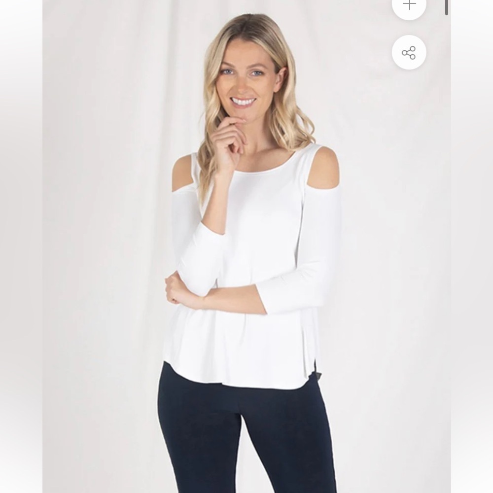 Sympli White Cold Shoulder Blouse 3/4 Sleeves Size 8 Nuglimpse Relax Tee Shirt‎
